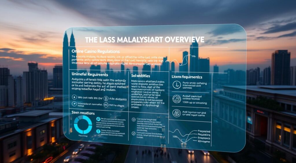 A Malaysian cityscape at dusk, the skyline dotted with modern high-rises. In the foreground, a large holographic display showcases a detailed overview of online casino regulations, interactive infographics highlighting key policies and licensing requirements. The display projects a warm, amber glow, casting a soft light across the urban landscape. In the middle ground, pedestrians hurry along the bustling streets, unfazed by the futuristic technology. The background fades into a hazy, atmospheric sky, hinting at the digital transformation and evolving nature of the Malaysian gaming industry.