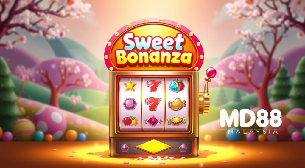 A candy-filled slot machine stands at the center of the frame, its reels spinning with vibrant symbols of fruits, sweets, and gems. The game's title, "Sweet Bonanza," is prominently displayed above the machine, surrounded by a delightful, whimsical atmosphere. Soft, warm lighting illuminates the scene, casting a comforting glow and creating a sense of anticipation. In the background, a lush, colorful landscape of candy-coated hills and sugar-dusted trees sets the stage for this sweet, inviting gameplay. The MD88 Malaysia logo is discreetly placed in the corner, hinting at the game's availability on this popular platform.