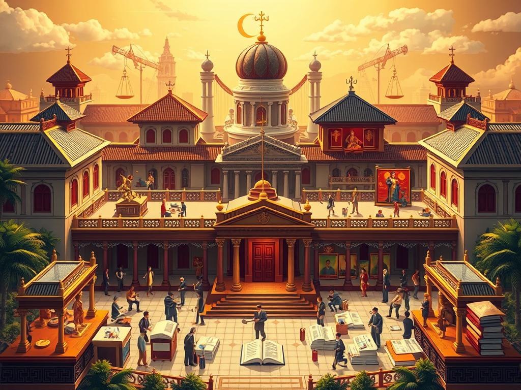 A detailed illustration of Malaysia's dual legal system, depicting the interplay between the Sharia courts and the civil court system. Set against a backdrop of traditional Malaysian architecture, the image showcases the intricate structure and hierarchy of the nation's legal framework. The scene is bathed in warm, golden lighting, conveying a sense of solemnity and authority. The composition features a central focal point, with the various elements, such as courthouses, judges' chambers, and legal documents, arranged in a visually striking and informative manner, allowing the viewer to grasp the complexity of the Malaysian legal landscape.