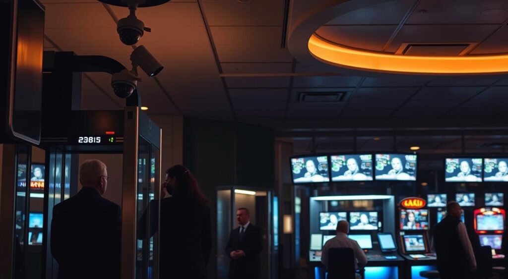A dimly lit casino interior, the air thick with the scent of anticipation. In the foreground, a security checkpoint with a metal detector and trained personnel attentively scanning patrons. Surveillance cameras discreetly mounted on the ceiling, their lenses glinting in the low light. The middle ground reveals a secure cashier's booth, its bulletproof glass and reinforced walls offering an impenetrable barrier. In the background, a network of monitors displays live feeds from various camera angles, allowing the security team to vigilantly monitor the entire casino floor. The lighting casts dramatic shadows, creating an atmosphere of professionalism and unwavering protection, ensuring the safety and security of all who enter this high-stakes establishment.