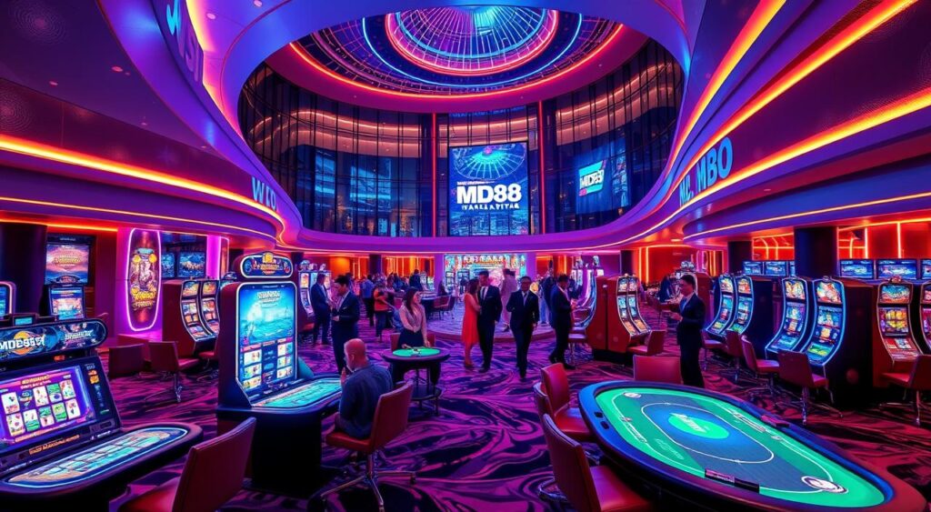 A glimmering, futuristic casino in the heart of MD88 Malaysia, 2025. Neon-lit gaming tables, sleek virtual reality gaming rigs, and holographic displays showcasing the latest casino trends. In the foreground, high-stakes card games and slot machines captivate players, while in the middle ground, smartly-dressed patrons sip cocktails and mingle. The background features a stunning, ultramodern architecture with sweeping curved lines and gleaming glass facades, bathed in a warm, vibrant lighting scheme. The atmosphere exudes a palpable sense of excitement and anticipation, hinting at the thrilling future of casino gaming at MD88 Malaysia.