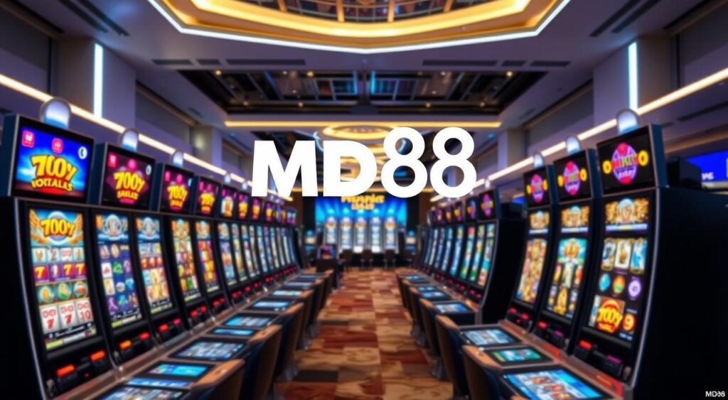 A modern, bright and dynamic casino gaming environment showcasing Evolution Gaming's cutting-edge live slot machines at the prestigious MD88 online casino platform. In the foreground, a variety of slot games are displayed on high-resolution screens, with dynamic lighting and detailed textures capturing the excitement of the casino floor. In the middle ground, the MD88 brand and logo are prominently featured, establishing the context. The background depicts a sleek, futuristic casino interior with elegant decor, reinforcing the premium quality and trustworthiness of the MD88 gaming experience.