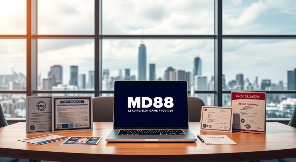 A modern, sleek office interior with a large window overlooking a bustling city skyline. On the desk, an open laptop displays the MD88 logo, signifying a leading slot game provider. Surrounding the laptop are various regulatory licenses and certifications, conveying a sense of trust, transparency, and adherence to industry standards. The lighting is soft and warm, creating a professional and authoritative atmosphere. The entire scene exudes an air of credibility and reliability, capturing the essence of what makes a slot game provider trustworthy.