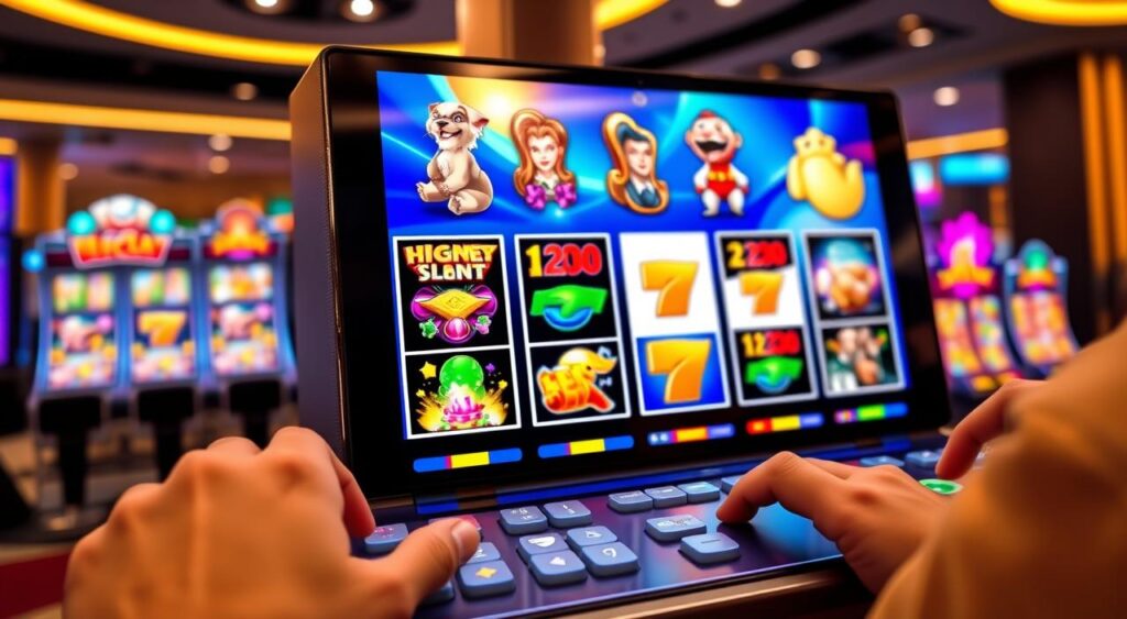 A photorealistic, high-quality image of the MD88 Malaysia slot platform features, showcasing the sleek and modern design of the casino's gaming interface. Capture the platform's intuitive layout, with vibrant icons and buttons for easy navigation. Depict the platform's responsive touchscreen controls, allowing seamless interaction with the diverse selection of MD88 slot games. Utilize natural lighting to highlight the platform's clean lines and polished aesthetic, creating an inviting and immersive atmosphere for the player. Ensure the image conveys the platform's technological sophistication and user-friendly experience, aligning with the subject of "Top 10 Trusted MD88 Slot Games Providers 2025" and the section "Understanding MD88 Casino's Slot Game Platform".