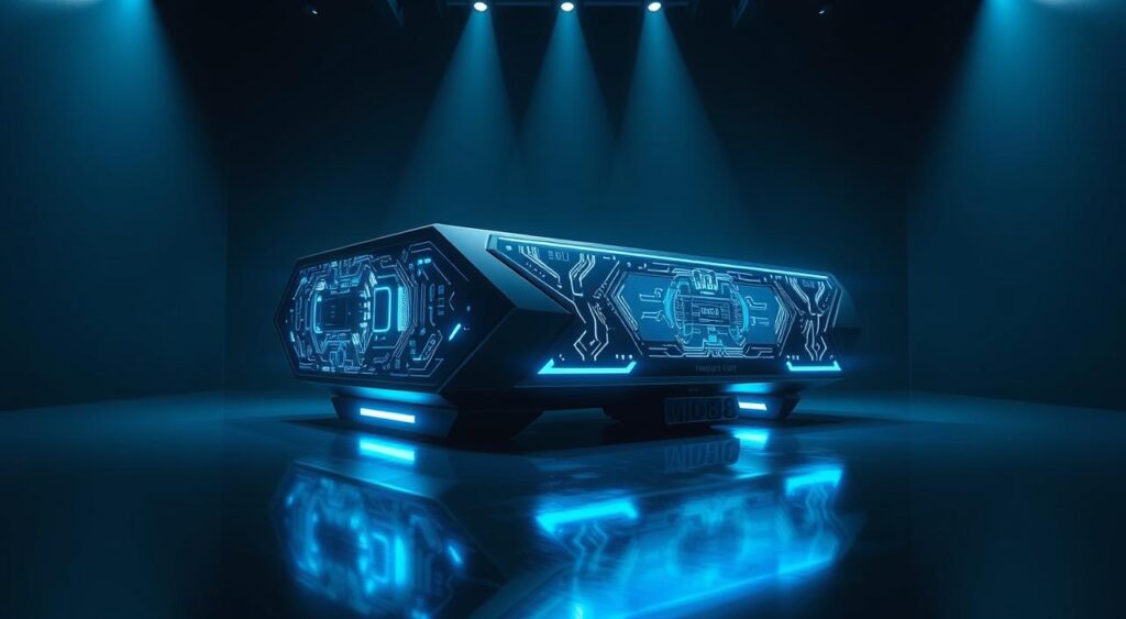 A sleek, futuristic gaming platform called "MD88" stands in a dimly lit, high-tech setting. Intricate circuits and glowing panels adorn the device, casting a mesmerizing blue-hued glow across the scene. The platform is positioned on a glossy, reflective surface, creating a sense of depth and accentuating its angular, modern design. Subtle ambient lighting from above illuminates the scene, casting dramatic shadows and highlights that heighten the platform's striking visual appeal. The overall atmosphere is one of advanced technology, immersion, and the excitement of a premium gaming experience.