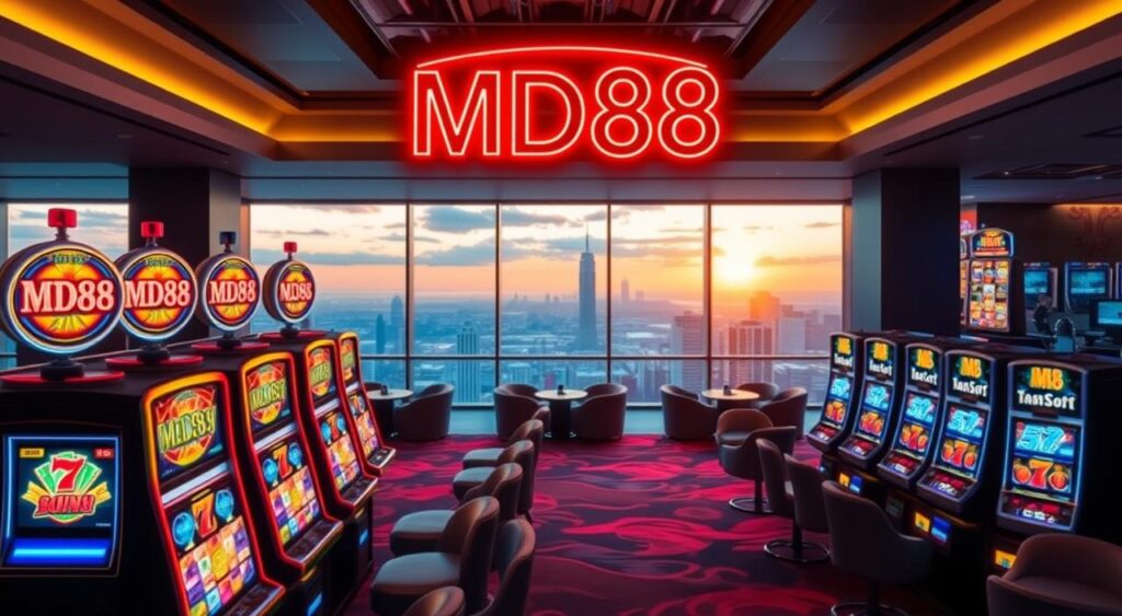 A sleek, modern casino interior, with the MD88 brand prominently displayed on a large neon sign. In the foreground, a row of shimmering, state-of-the-art slot machines with vibrant, animated reels and striking visual effects. The machines are arranged in a visually appealing, symmetrical layout, inviting players to try their luck. The middle ground features plush, comfortable seating areas and elegant decor, creating an atmosphere of sophistication and excitement. The background showcases a panoramic view of the city skyline, bathed in a warm, golden glow from the setting sun, heightening the sense of luxury and exclusivity. The overall scene conveys the thrill and allure of the newest slot games available at MD88 casino.