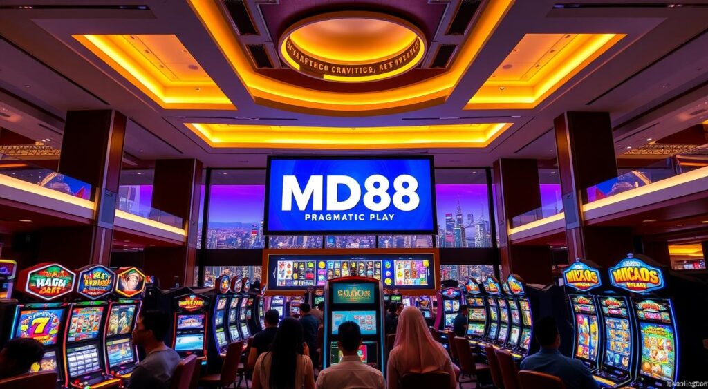 A sleek, modern casino lobby with high ceilings and warm lighting. In the center, a striking display showcases the Pragmatic Play logo, surrounded by a variety of their popular slot game titles. The foreground features a group of players engrossed in the thrilling gameplay of the MD88 casino's Pragmatic Play slots, their faces lit by the vibrant colors of the machines. The background reveals a panoramic view of the city skyline, hinting at the excitement and opportunity that awaits within the walls of this premier gaming destination.