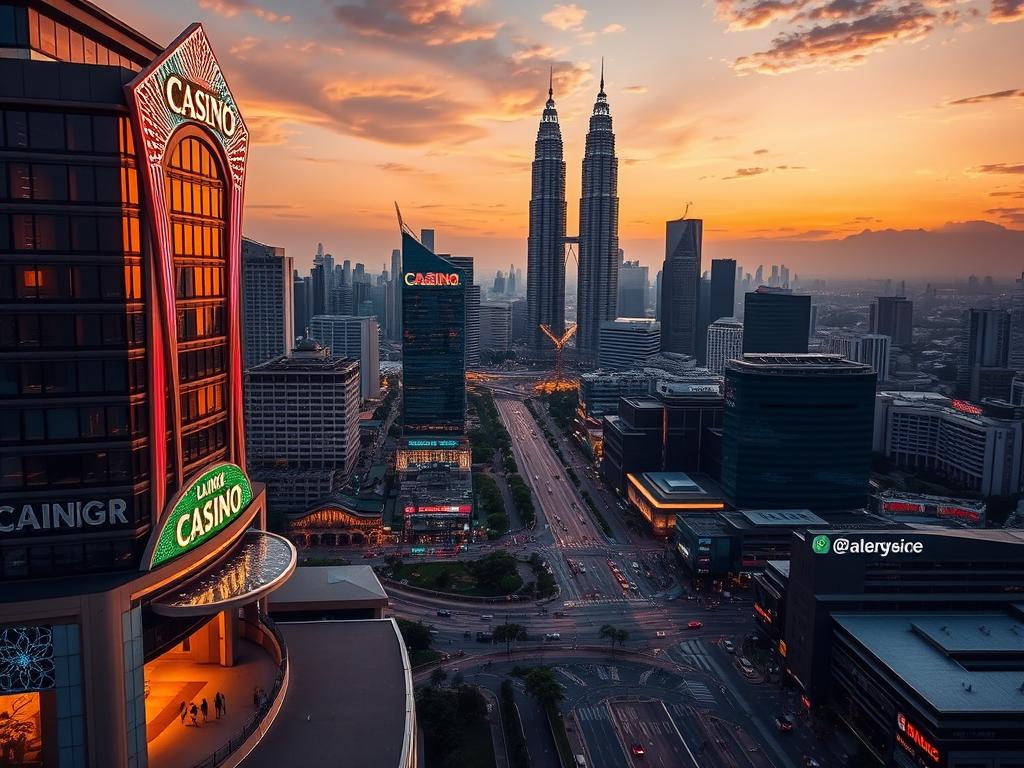 A sprawling cityscape of Kuala Lumpur, Malaysia, bathed in a warm, golden hour glow. In the foreground, a neon-lit casino facade stands tall, its entrance inviting. The middle ground features a network of streets and pedestrians, some hurrying past, others pausing to gaze at the glittering lights. In the background, the iconic Petronas Towers pierce the sky, their glass facades reflecting the vibrant urban landscape. The scene conveys a sense of modernity, prosperity, and the complex relationship between the regulated gambling industry and the bustling Malaysian metropolis.