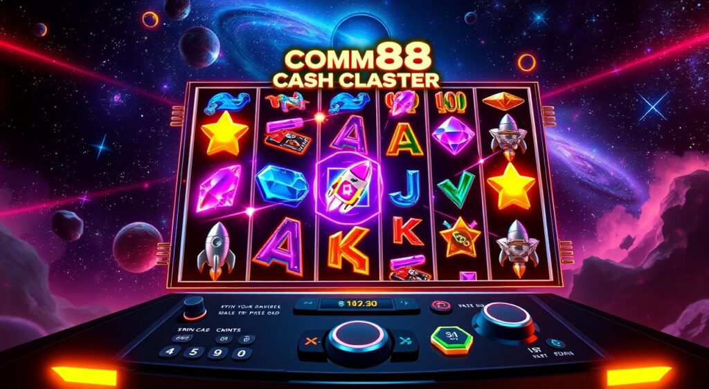 Cosmic Cash Cluster: a captivating MD88 space-themed slot game. Set against a vast, starry backdrop, the reels are adorned with gleaming metallic symbols - cosmic gems, rockets, and the iconic MD88 logo. Vibrant neon lights dance across the screen, creating an immersive atmosphere. Intricate nebulae and swirling galaxies fill the background, while the foreground features a sleek, futuristic control panel with responsive touchscreen controls. The game is illuminated by a warm, diffused lighting that casts subtle shadows, enhancing the depth and dimension of the scene. The camera angles showcase the dynamic gameplay, capturing the excitement of spinning the reels and triggering cascading wins. An electrifying soundtrack completes the otherworldly experience, transporting players to the heart of the Cosmic Cash Cluster universe.