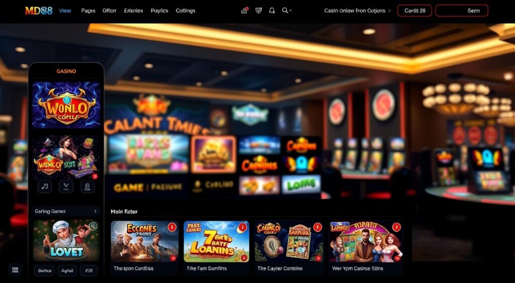 Photorealistic high-definition image of the MD88 New Slot Games interface. The foreground features an elegant and intuitive graphical user interface with a variety of slot game icons, buttons, and controls. The middle ground showcases several slot game thumbnails and previews. The background depicts a dimly lit casino setting with subtle lighting effects, creating a sophisticated and immersive atmosphere. The overall design is sleek, modern, and visually striking, reflecting the latest trends in online slot game design and user experience.