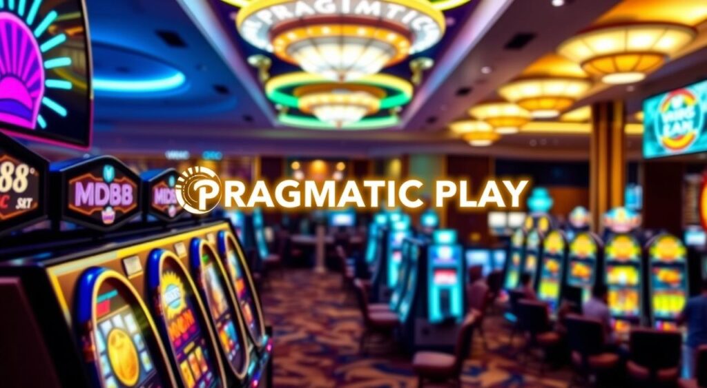 Pragmatic Play slots at the online casino MD88, showcased against a backdrop of vibrant neon lights and sleek, modern gaming interfaces. In the foreground, various slot machine reels spin, their symbols glowing with an alluring intensity. The middle ground features the Pragmatic Play logo, prominently displayed and illuminated, conveying a sense of prestige and quality. In the background, a panoramic view of the MD88 casino floor, with patrons engaged in the excitement of the gaming experience, creates an atmosphere of energy and anticipation. The lighting is warm and inviting, casting a soft, focused glow on the Pragmatic Play slots, highlighting their visual appeal and the casino's commitment to providing a premium gaming experience.